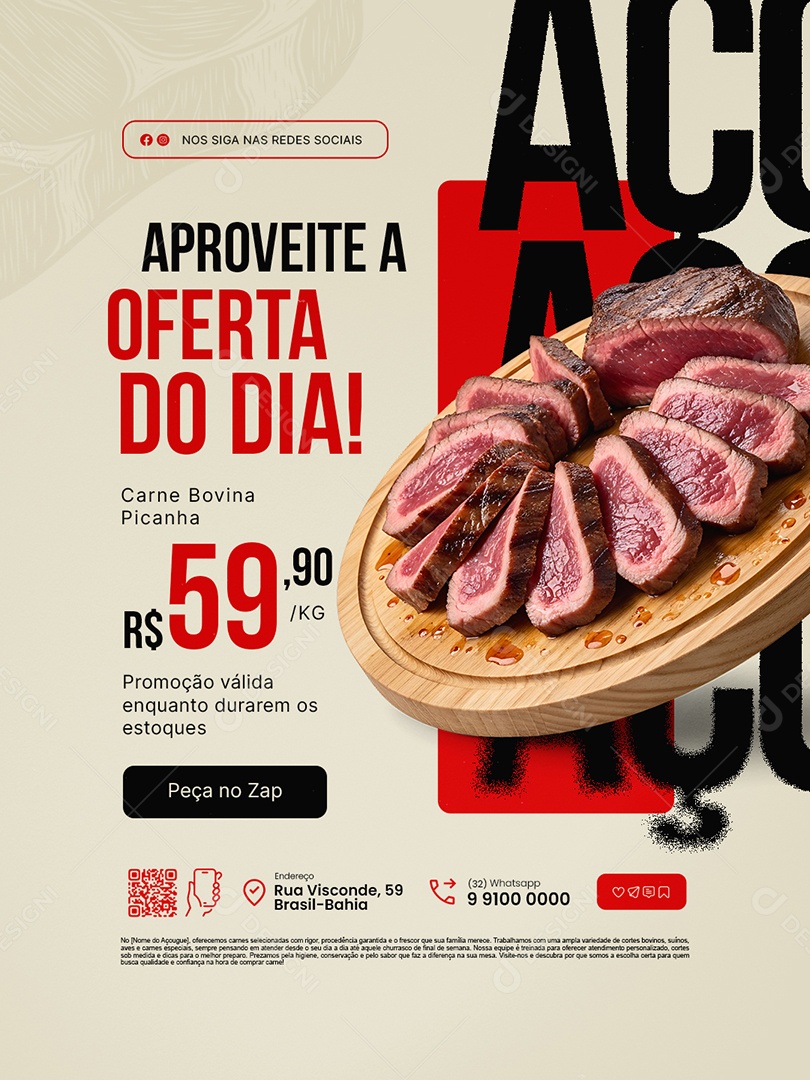 Açougue Aproveite a Oferta do Dia Carne Bovina Picanha Social Media PSD Editável