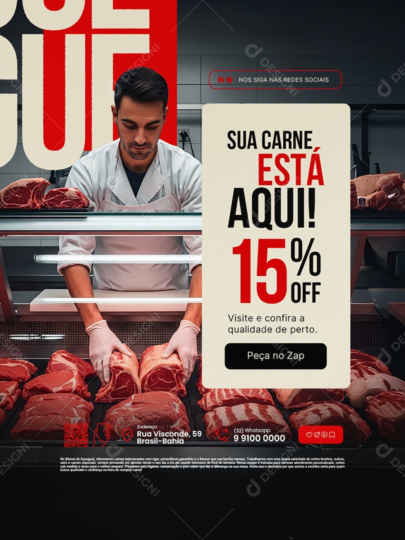Açougue Sua Carne Está Aqui 15% Off Social Media PSD Editável