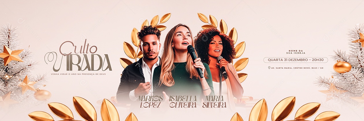 Carrossel Flyer Gospel Culto Virada Venha Virar o Ano na Presença de Deus Social Media PSD Editável