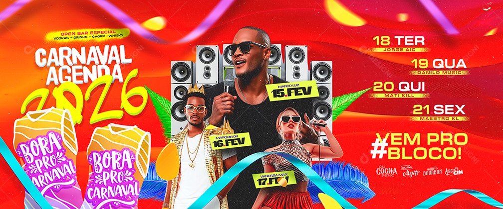 Carrossel Flyer Carnaval Agenda 2026 Vem Pro Bloco Social Media PSD Editável