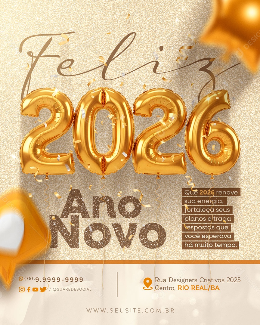 Feliz 2026 Ano Novo 01 de Janeiro Social Media PSD Editável