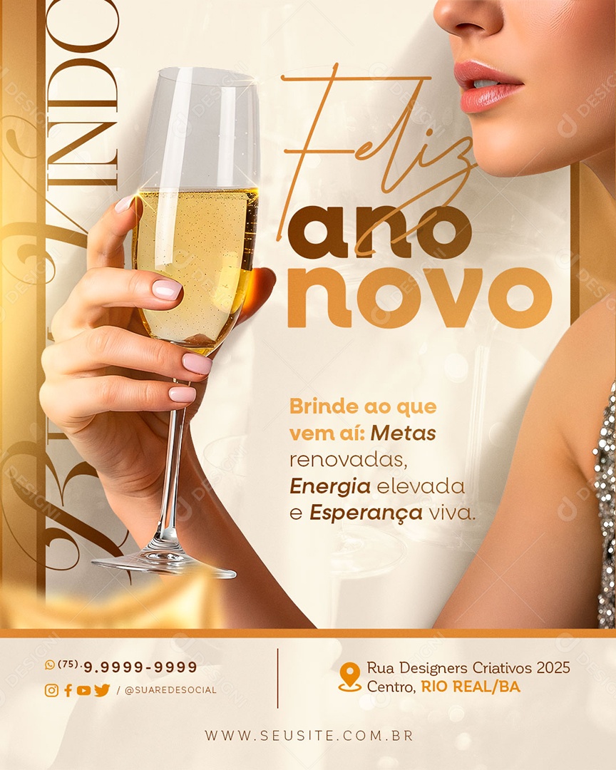 Feliz Ano Novo 01 de Janeiro Brinde ao Que Vem Aí Social Media PSD Editável