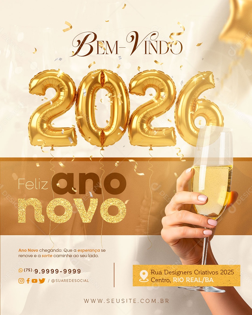 Feliz Ano Novo 01 de Janeiro Bem Vindo 2026 Social Media PSD Editável