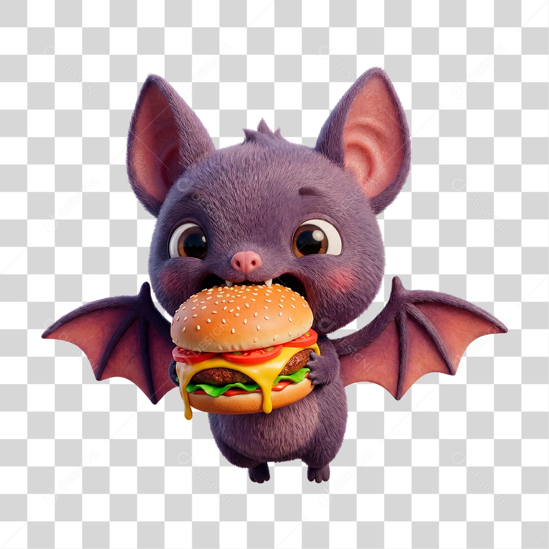 Mascote Halloween Morcego Comendo Lanche PNG Transparente
