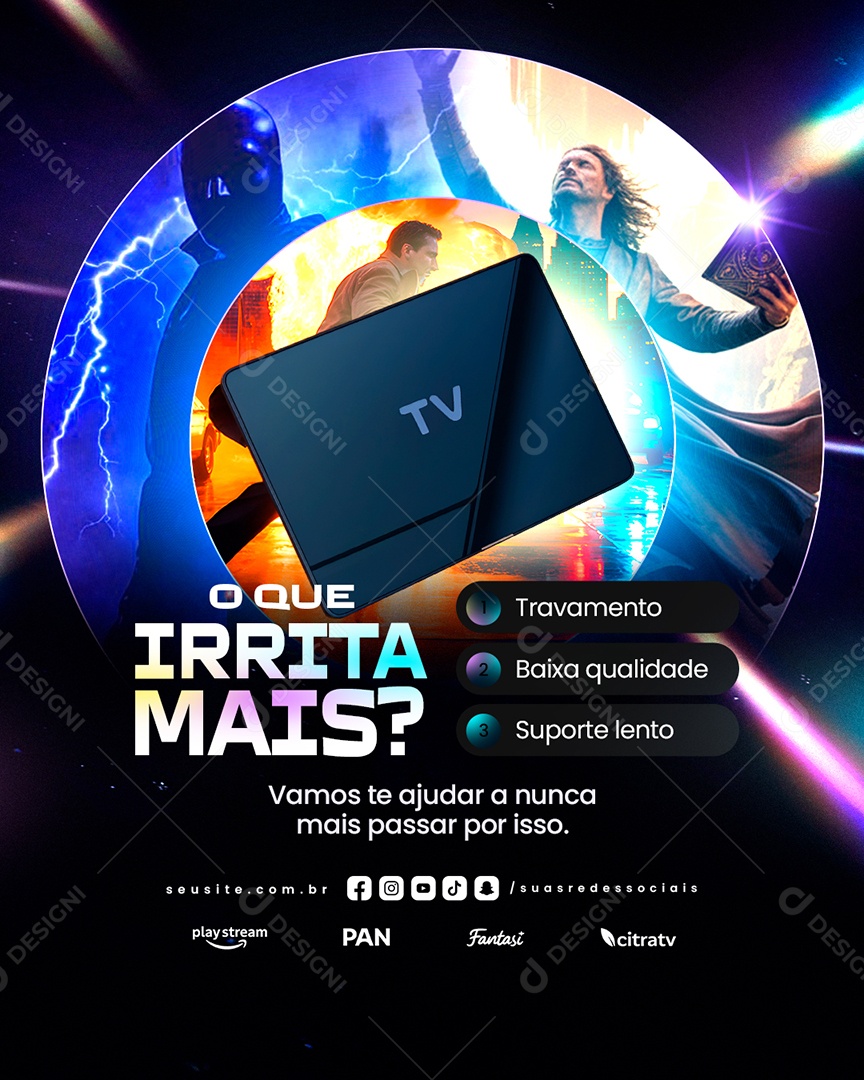 IPTV O Que Irrita Mais Travamento Baixa Qualidade ou Suporte Lento Social Media PSD Editável