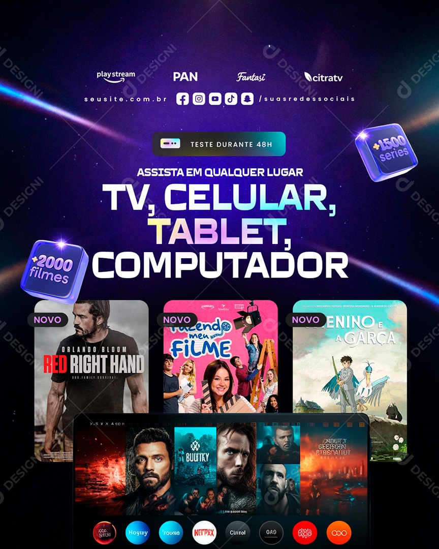 IPTV Assista em Qualquer Lugar Tv Celular Tablet ou Computador Social Media PSD Editável