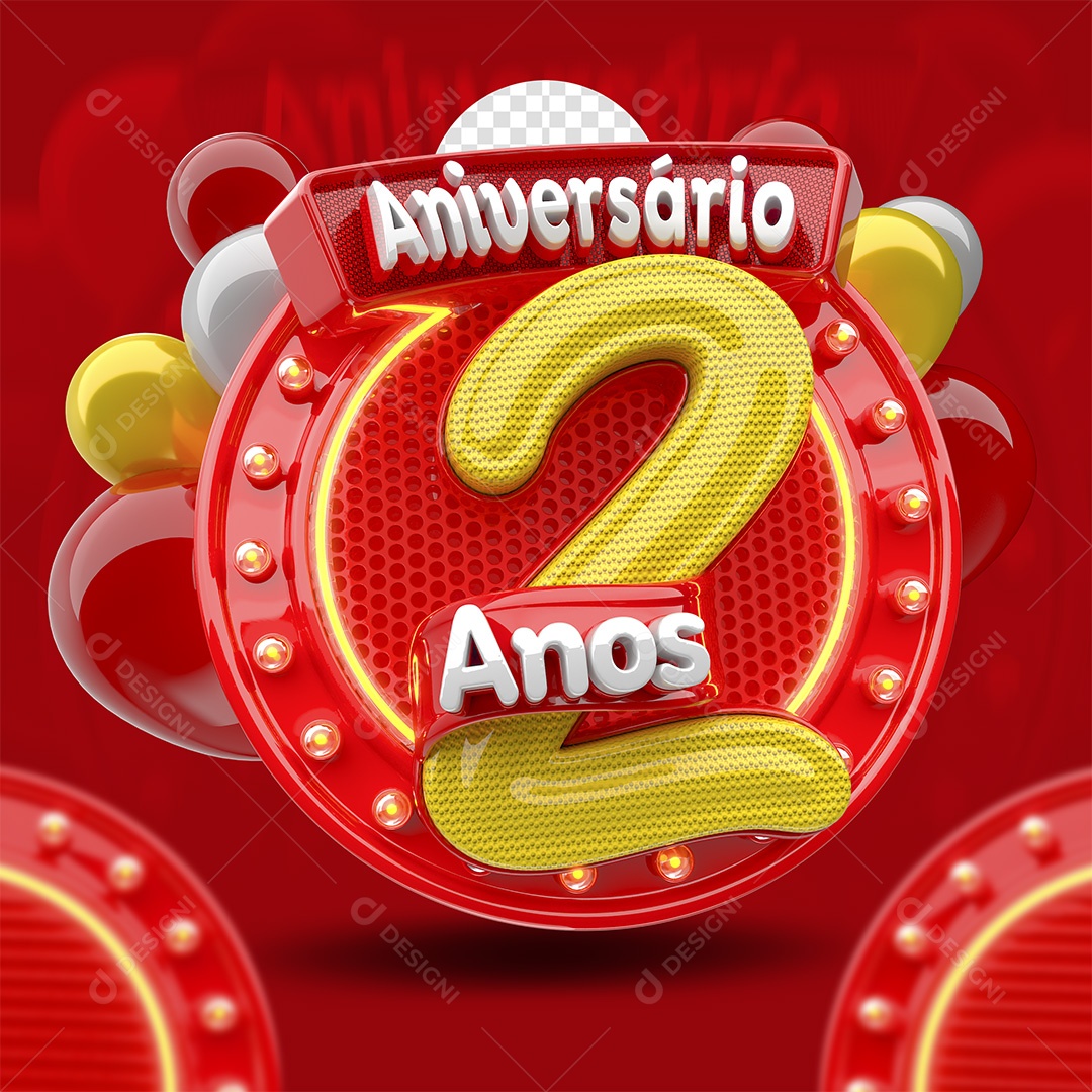 Aniversário 2 Anos Selo 3D Vermelho para Composição PSD