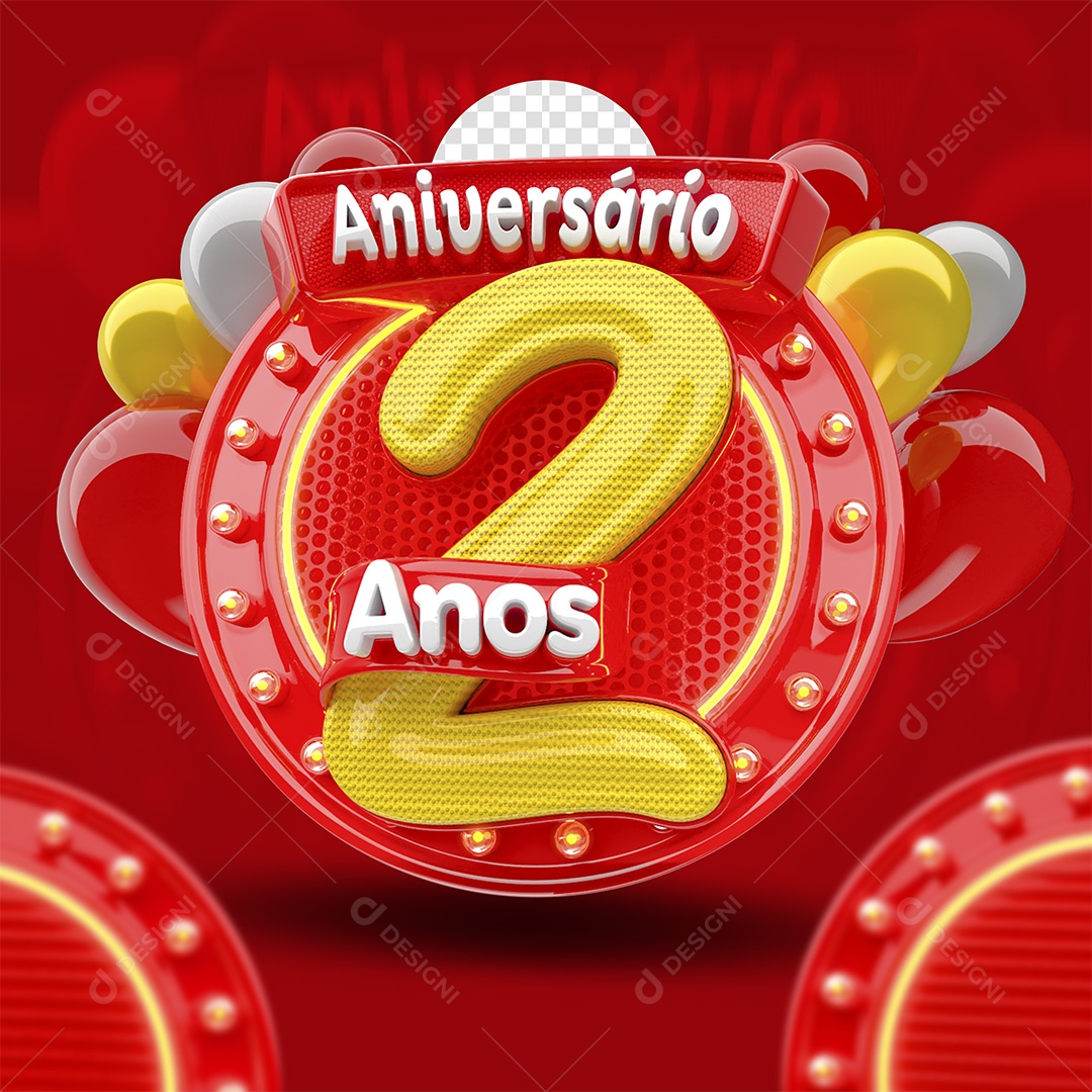 Aniversário 2 Anos Selo 3D Vermelho para Composição PSD