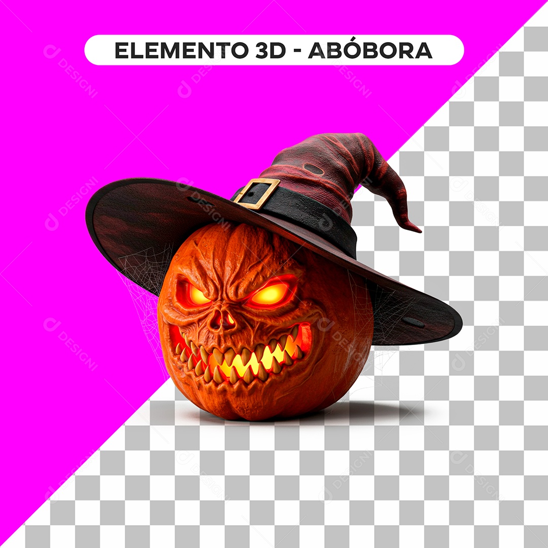 Abóbora Assustadora com Chapéu de Bruxa Elemento 3D de Halloween para Composição PSD