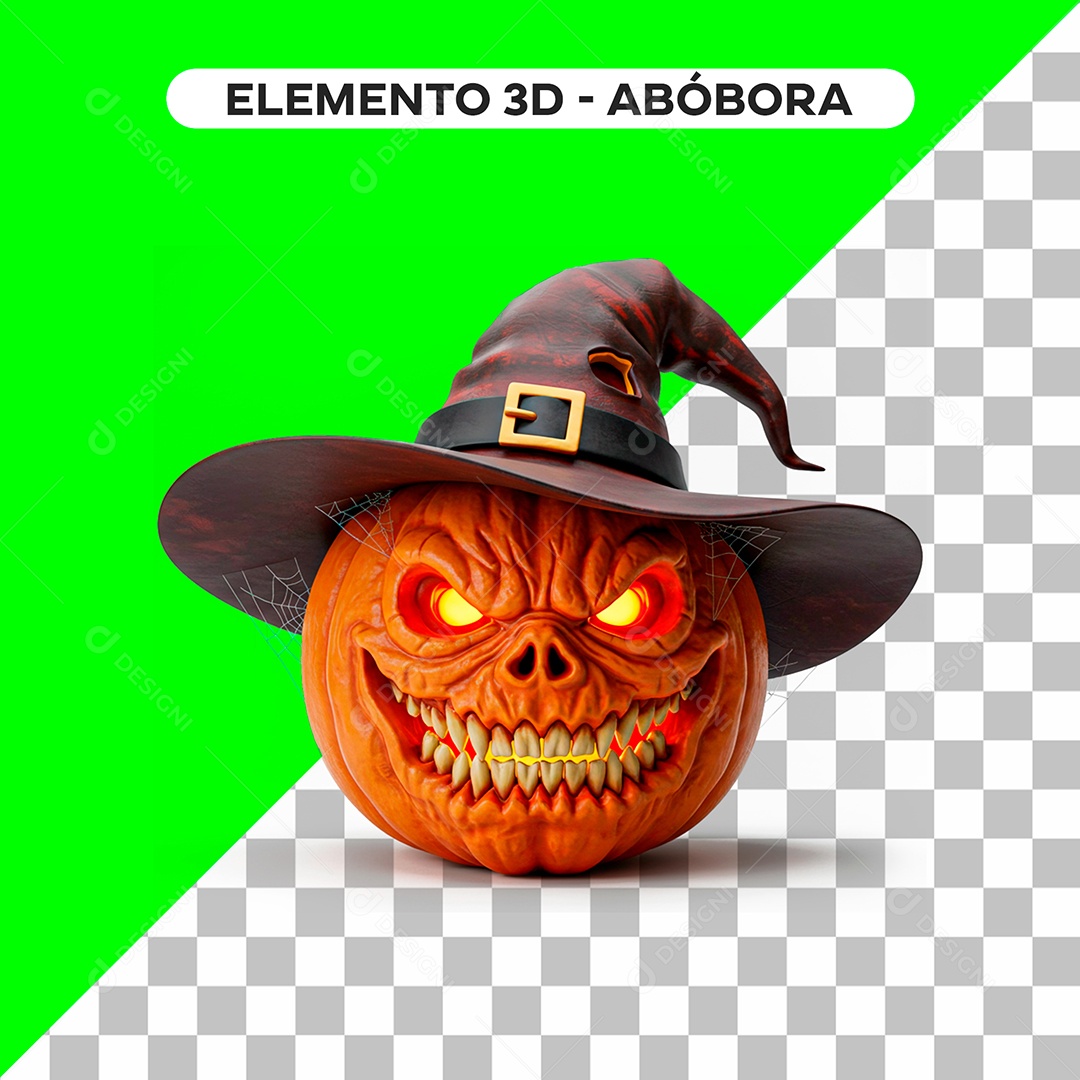 Abóbora com Chapéu de Bruxa Elemento 3D de Halloween para Composição PSD