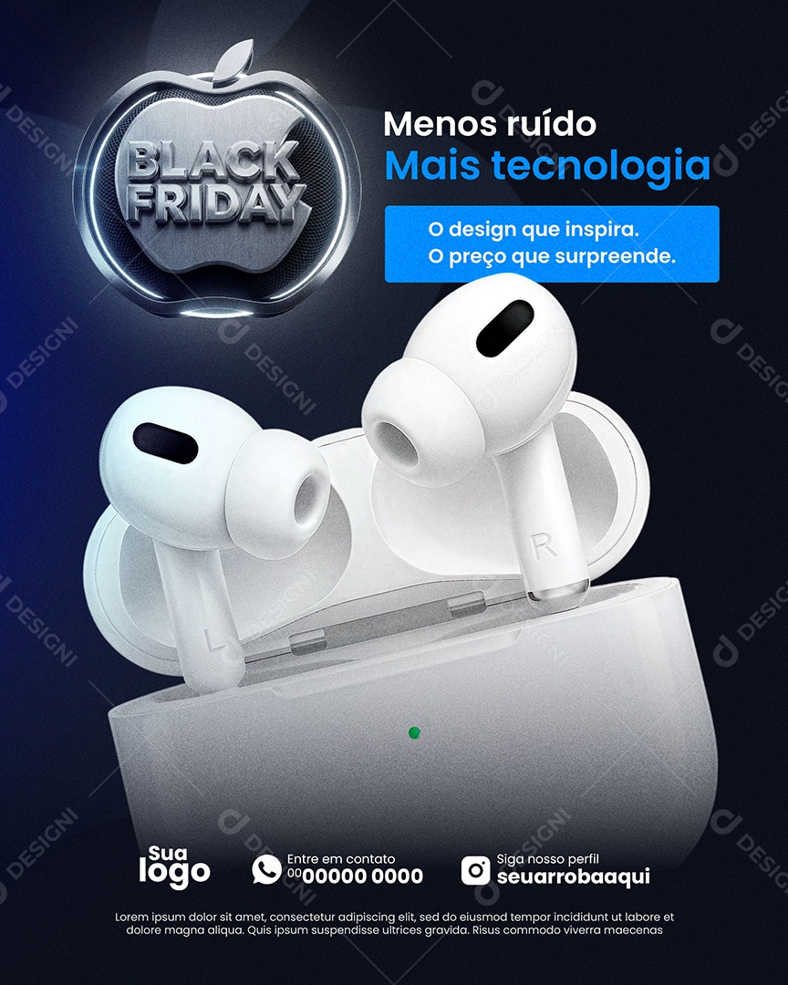 Loja da Apple Black Friday Menos Ruído Fone Sem Fio Social Media PSD Editável