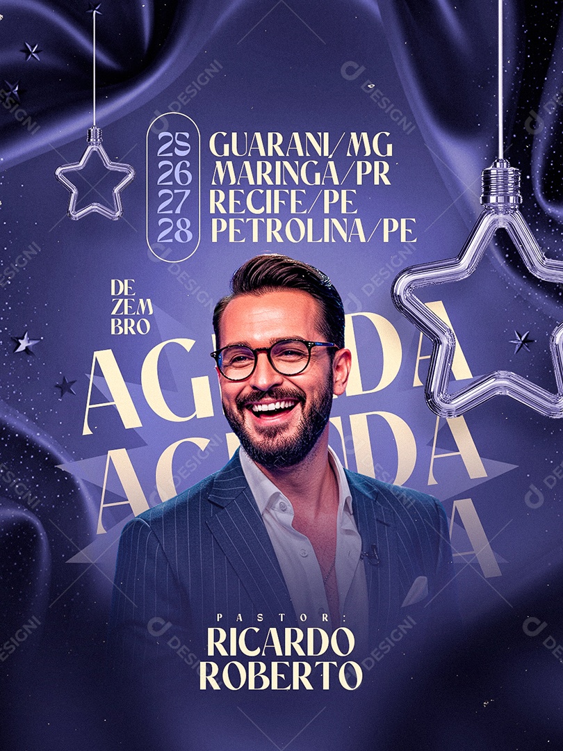 Flyer Gospel Agenda de Dezembro Pastor Ricardo Roberto Social Media PSD Editável