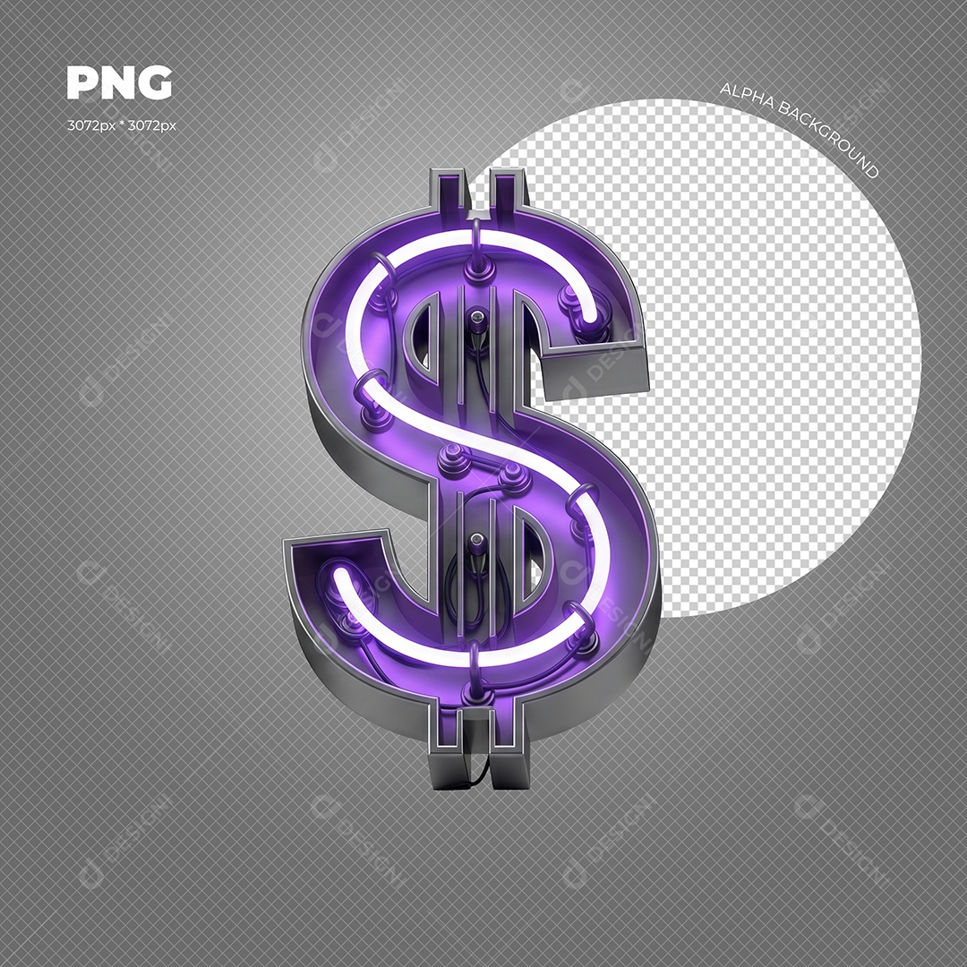 Cifrão com Luz de Led Roxo Elemento 3D para Compoisção PSD