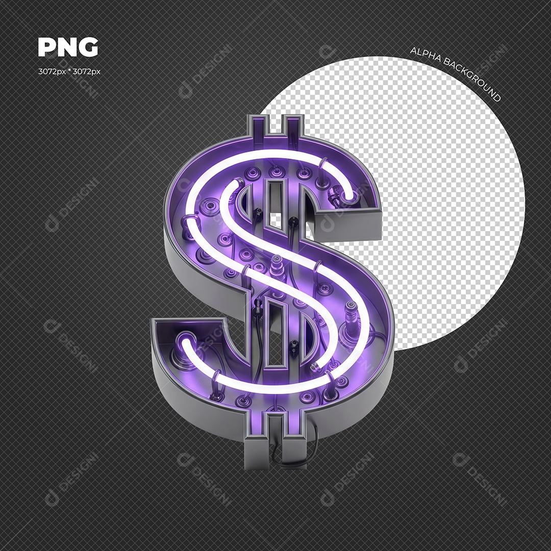 Cifrão com Luz de Led Roxo Elemento 3D para Compoisção PSD