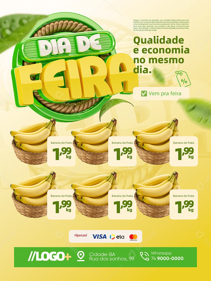 Dia de Feira Hortifruti Encarte Qualidade e Economia Banana Prata Social Media PSD Editável