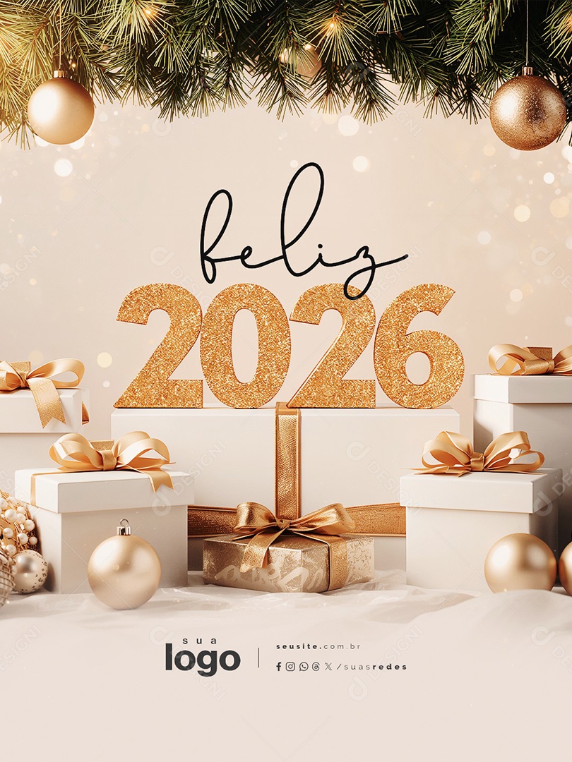 Feliz 2026 Ano Novo 01 de Janeiro Social Media PSD Editável