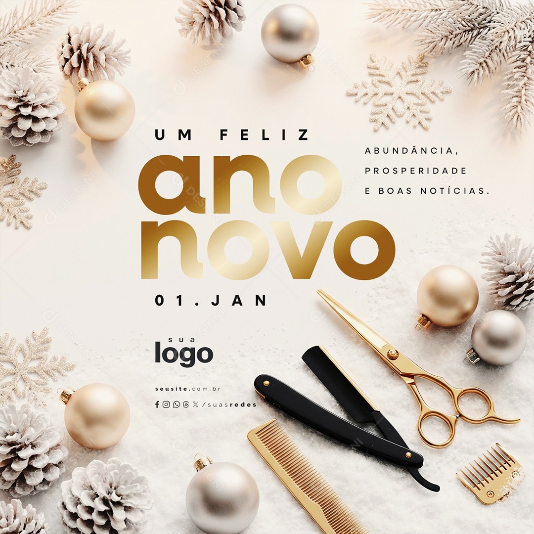 Um Feliz Ano Novo 01 de Janeiro Barbearia Social Media PSD Editável