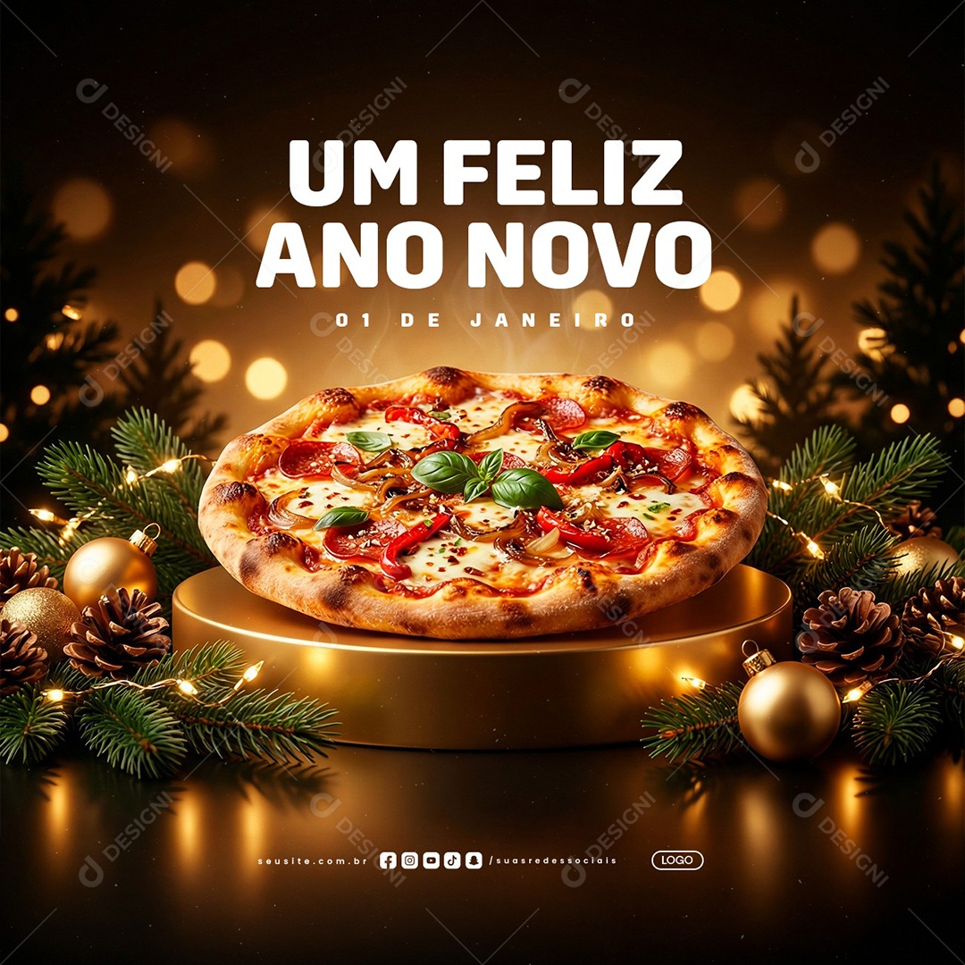 Um Feliz Ano Novo 01 de Janeiro Pizzaria Social Media PSD Editável
