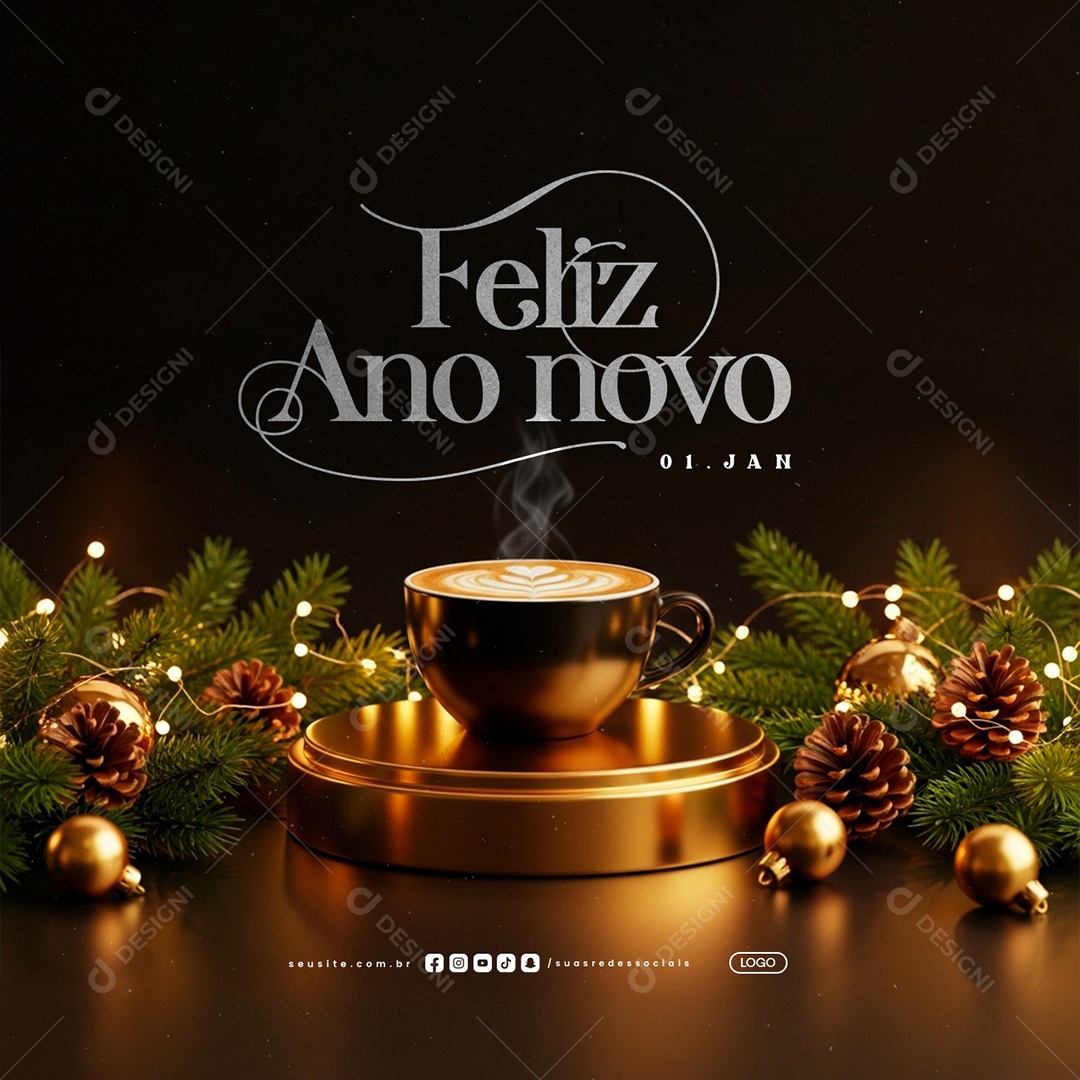 Feliz Ano Novo 01 de Janeiro Cafeteria Social Media PSD Editável