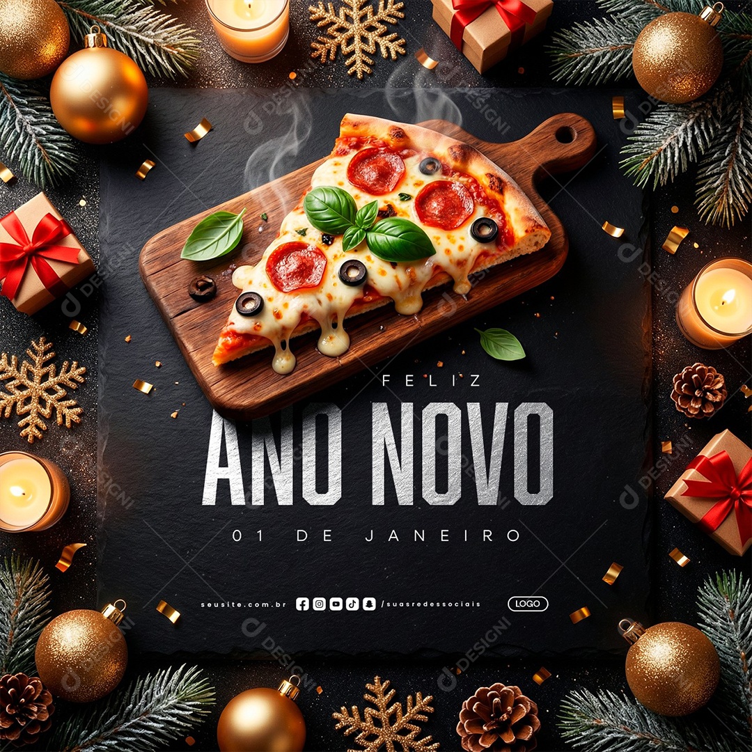 Feliz Ano Novo 01 de Janeiro Pizzaria Social Media PSD Editável