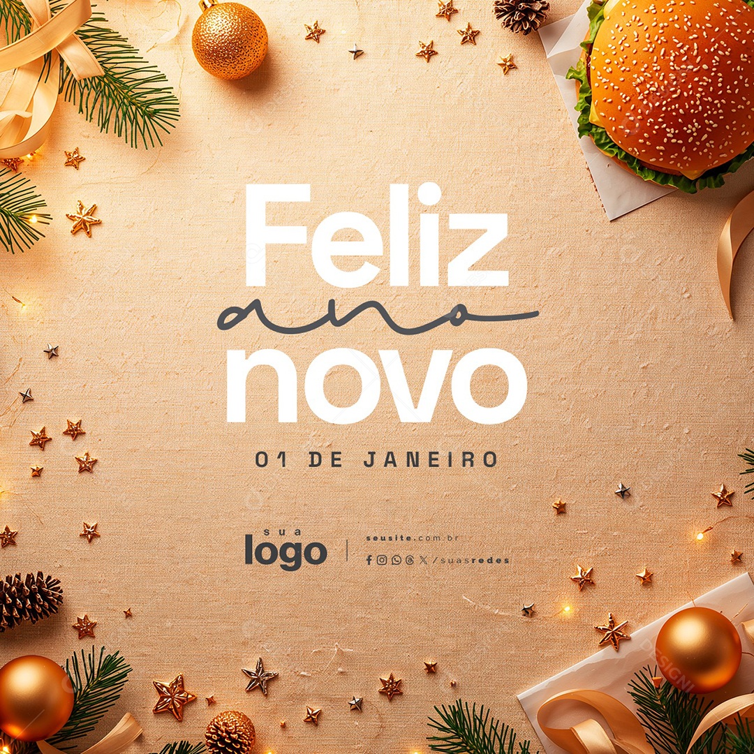 Feliz Ano Novo 01 de Janeiro Hamburgueria Social Media PSD Editável