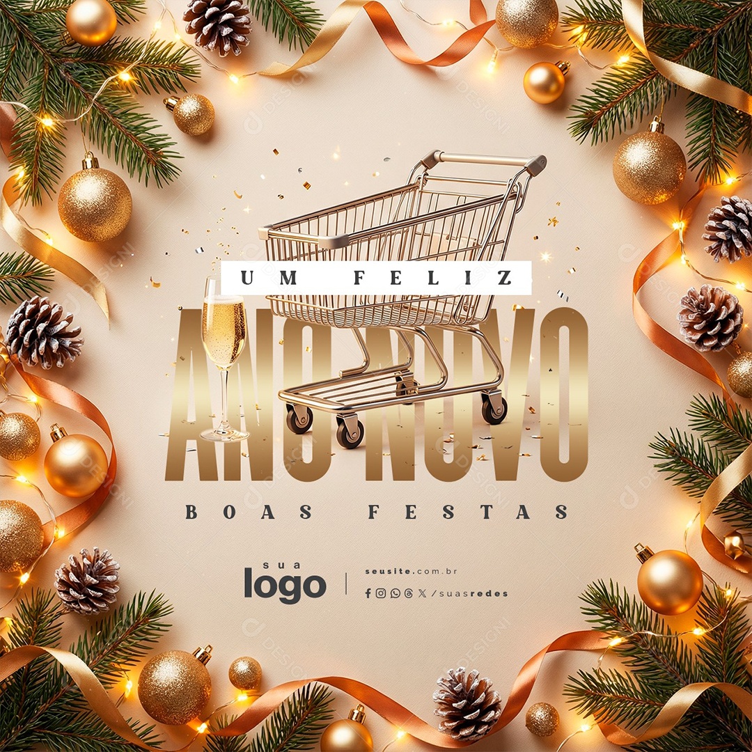 Um Feliz Ano Novo 01 de Janeiro Supermercado Boas Festas Social Media PSD Editável