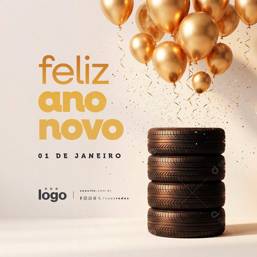 Feliz Ano Novo 01 de Janeiro Loja de Pneus Social Media PSD Editável