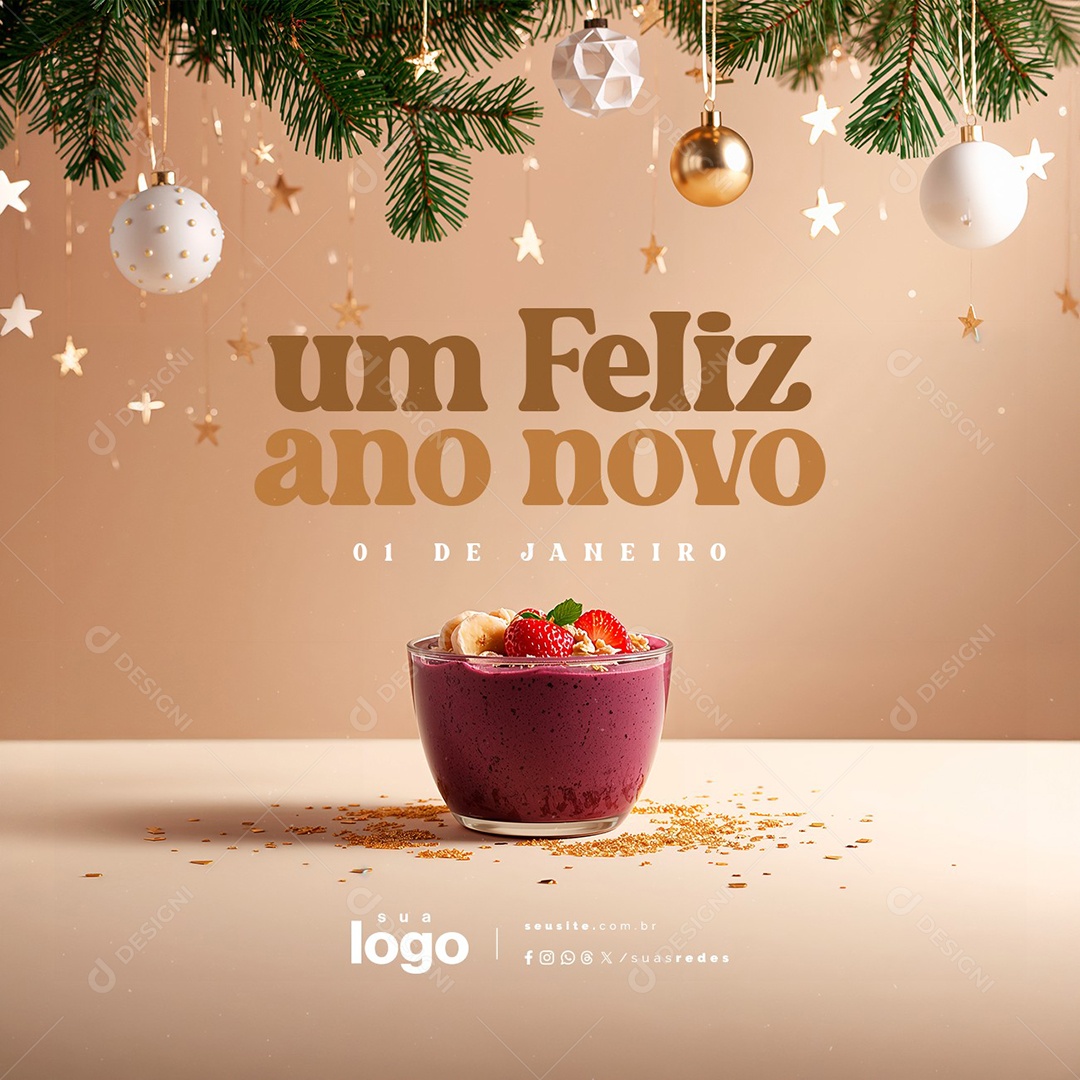 Um Feliz Ano Novo 01 de Janeiro Açaiteria Social Media PSD Editável