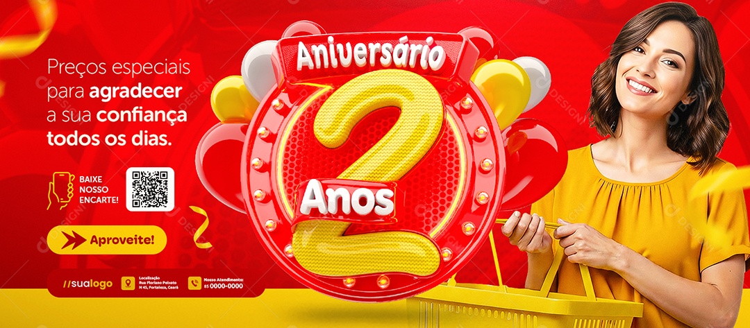Banner Aniversário 2 Anos Supermercado Preços Especiais Social Media PSD Editável