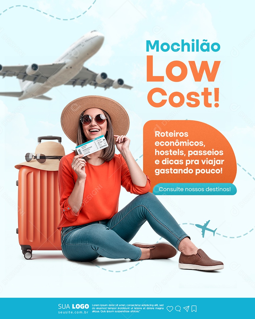 Agência de Viagens Mochilão Low Cost Social Media PSD Editável