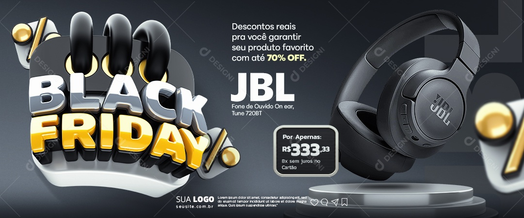 Banner Black Friday Loja de Eletrônicos Headphone Descontos Reais Social Media PSD Editável