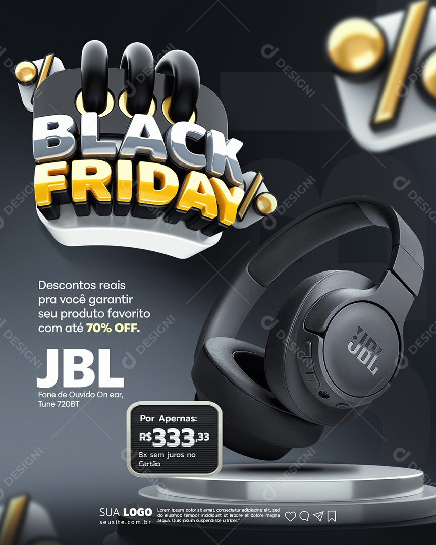 Black Friday Loja de Eletrônicos Headphone Descontos Reais Social Media PSD Editável