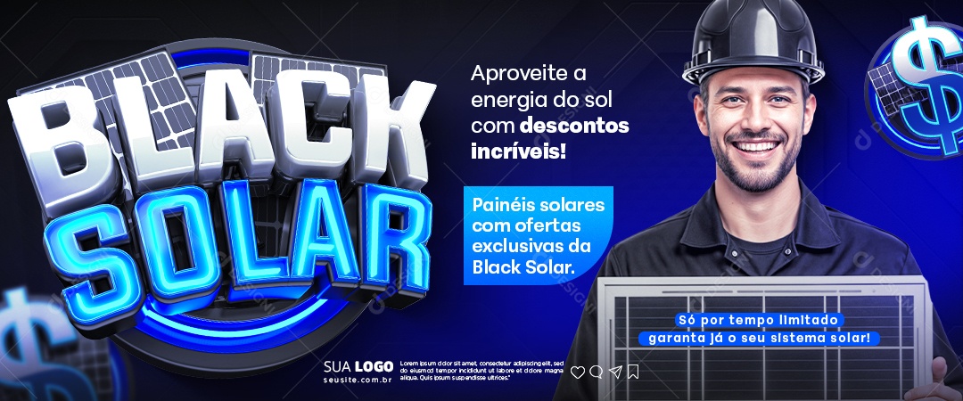 Banner Black Solar Aproveite a Energia do Sol com Descontos Incríveis Energia Solar Social Media PSD Editável