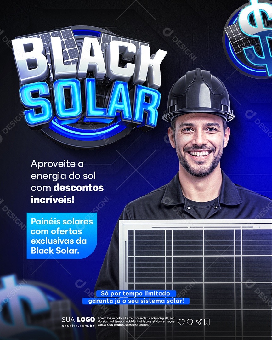Black Solar Aproveite a Energia do Sol com Descontos Incríveis Energia Solar Social Media PSD Editável