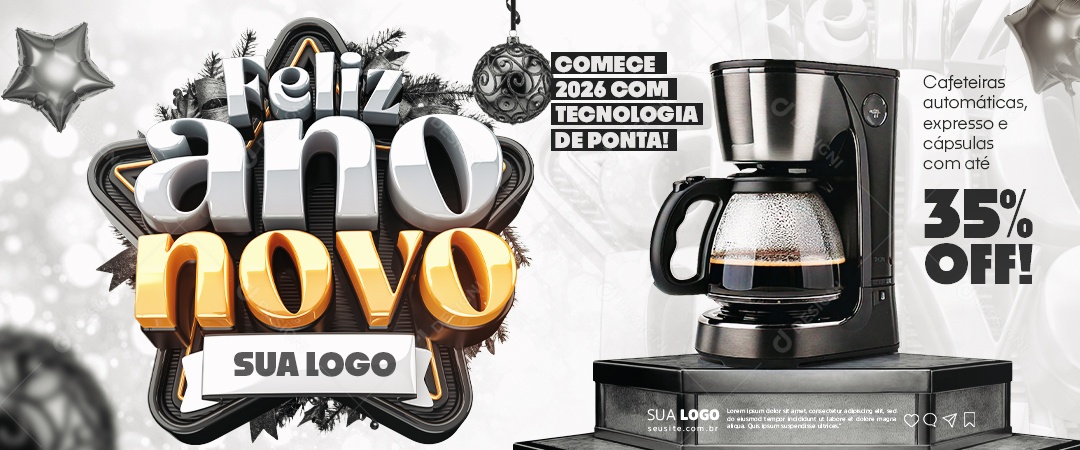 Banner Feliz Ano Novo Loja de Eletrodomésticos Cafeteira Social Media PSD Editável