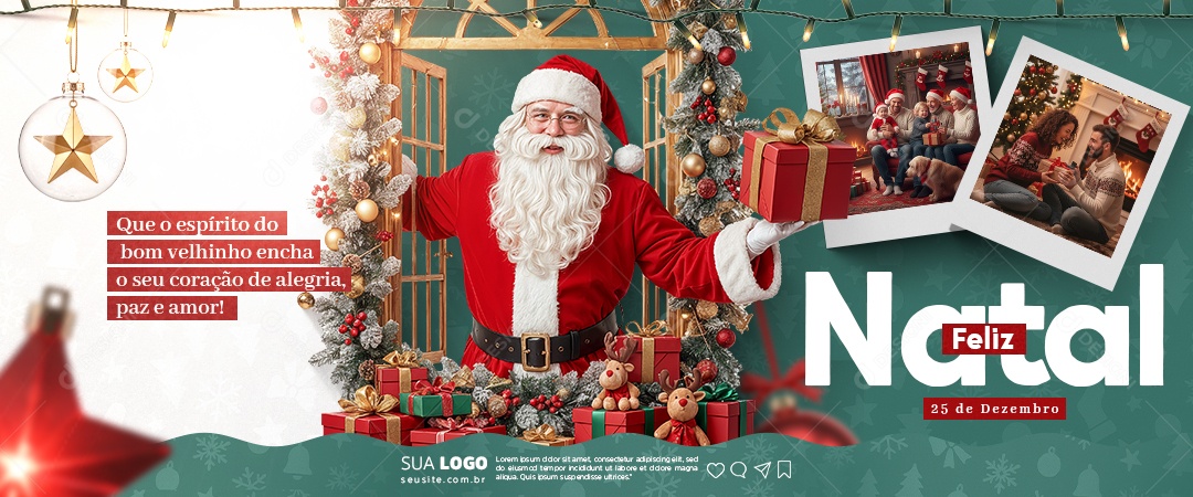 Banner Feliz Natal 25 de Dezembro Que o Espírito do Bom Velhinho Encha o Seu Coração Social Media PSD Editável