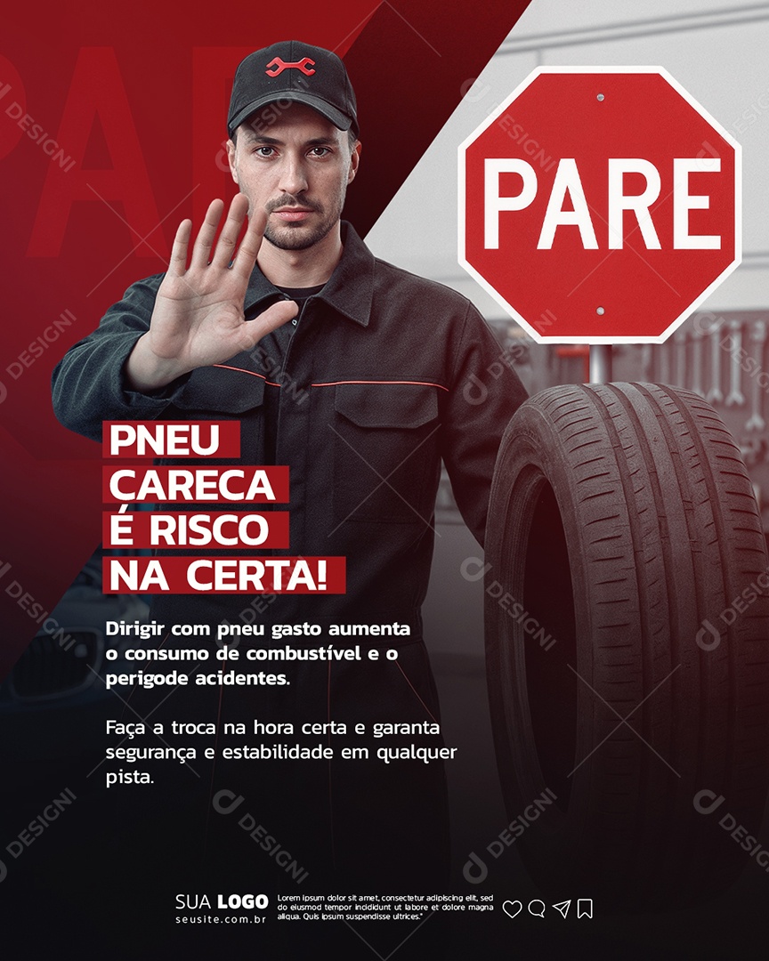 Oficina Mecânica Pneu Careca é Risco na Certa Social Media PSD Editável
