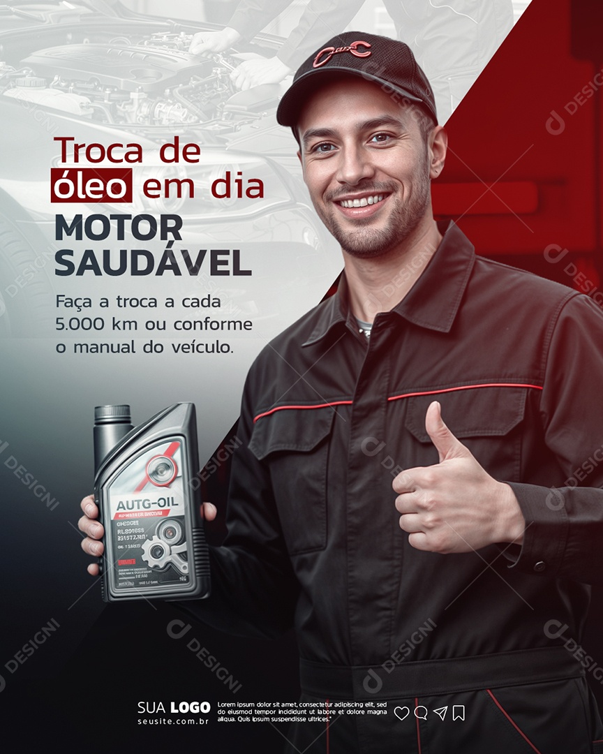 Oficina Mecânica Troca de Óleo em Dia Motor Saudável Social Media PSD Editável