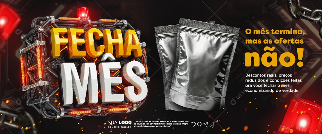 Banner Fecha Mês Supermercado Descontos Reais Social Media PSD Editável