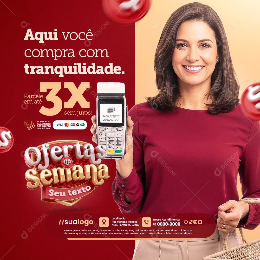 Ofertas da Semana Supermercado Aqui Você Compra com Tranquilidade Social Media PSD Editável