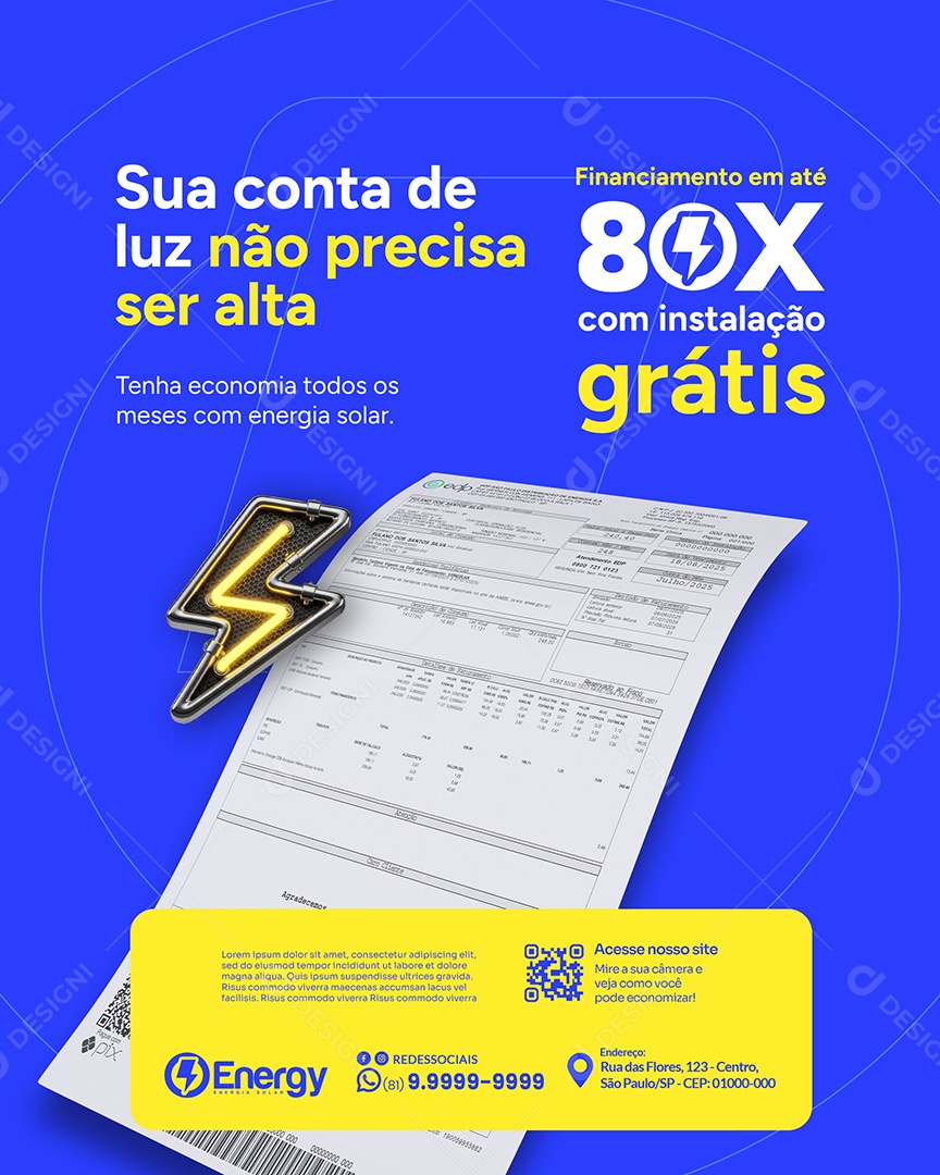 Energia Solar Sua Conta de Luz Social Media PSD Editável