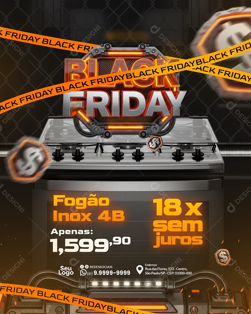 Promoção Black Friday Fogão Inox Social Media PSD Editável