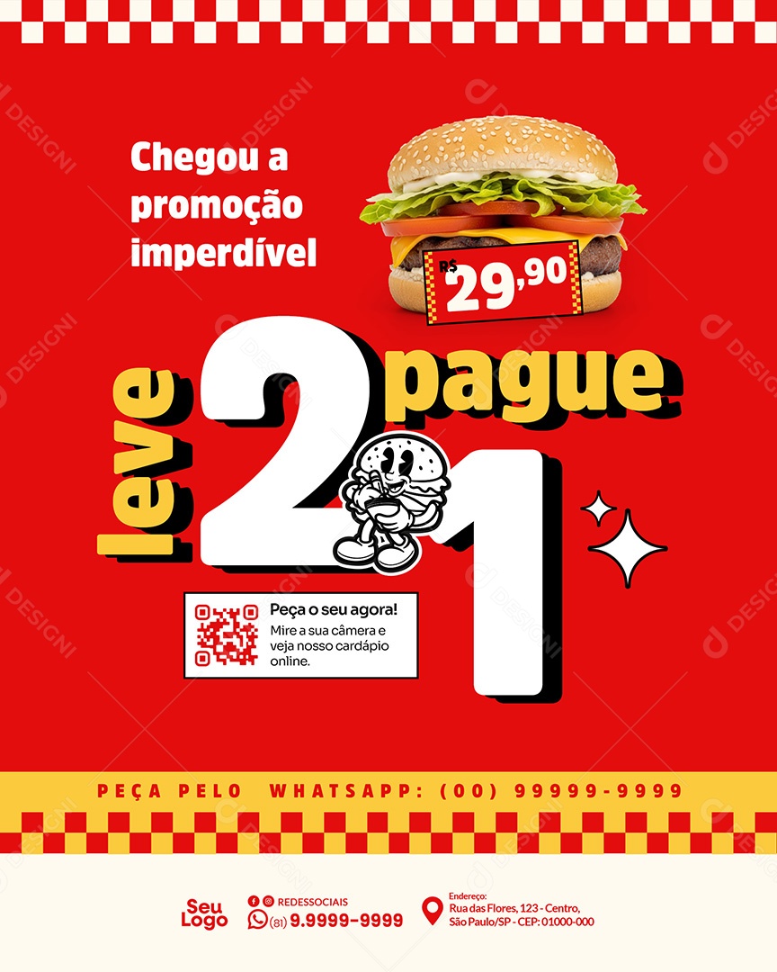 Promoção Restaurante Leve 2 e Pague 1 Social Media PSD Editável