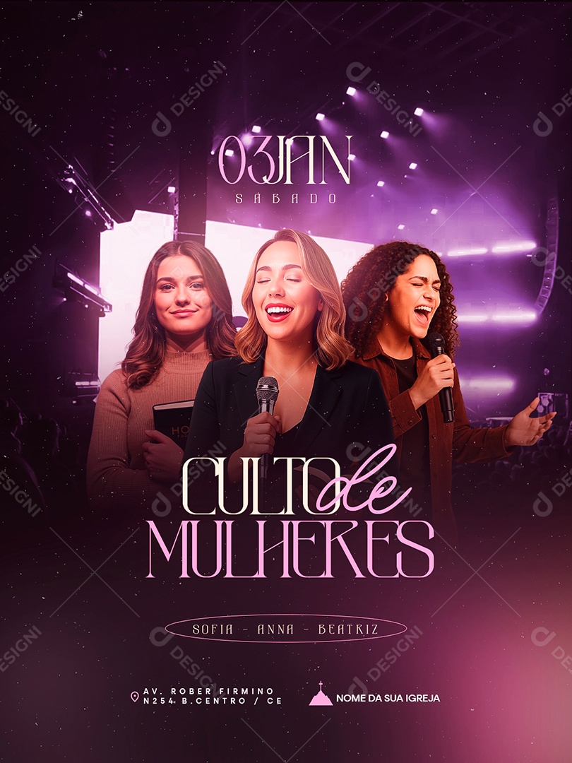 Flyer Gospel Culto de Mulheres Social Media PSD Editável