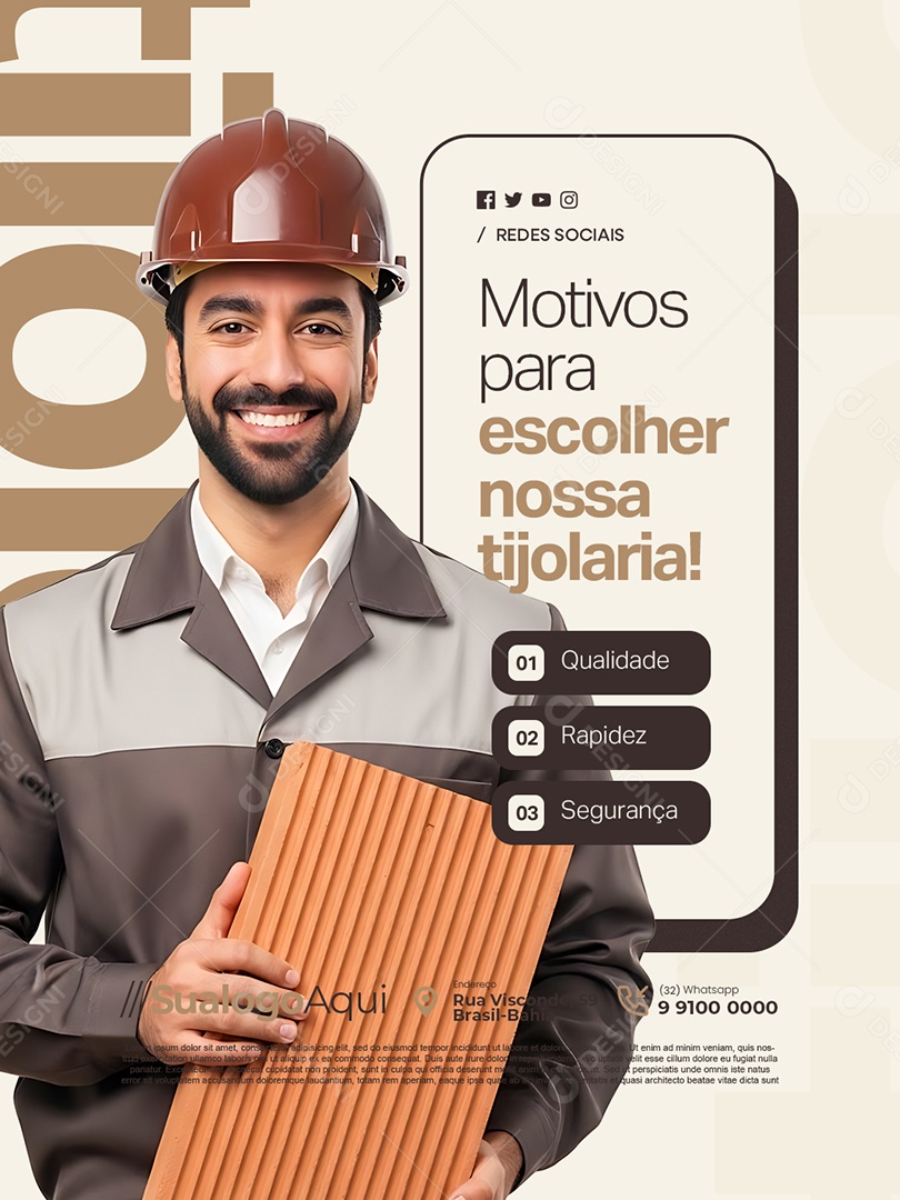 Motivos para Escolher Nossa Tijolaria Qualidade Rapidez Social Media PSD Editável