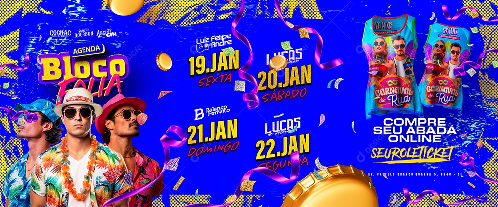 Carrossel Flyer Carnaval Agenda Bloco Folia Social Media PSD Editável