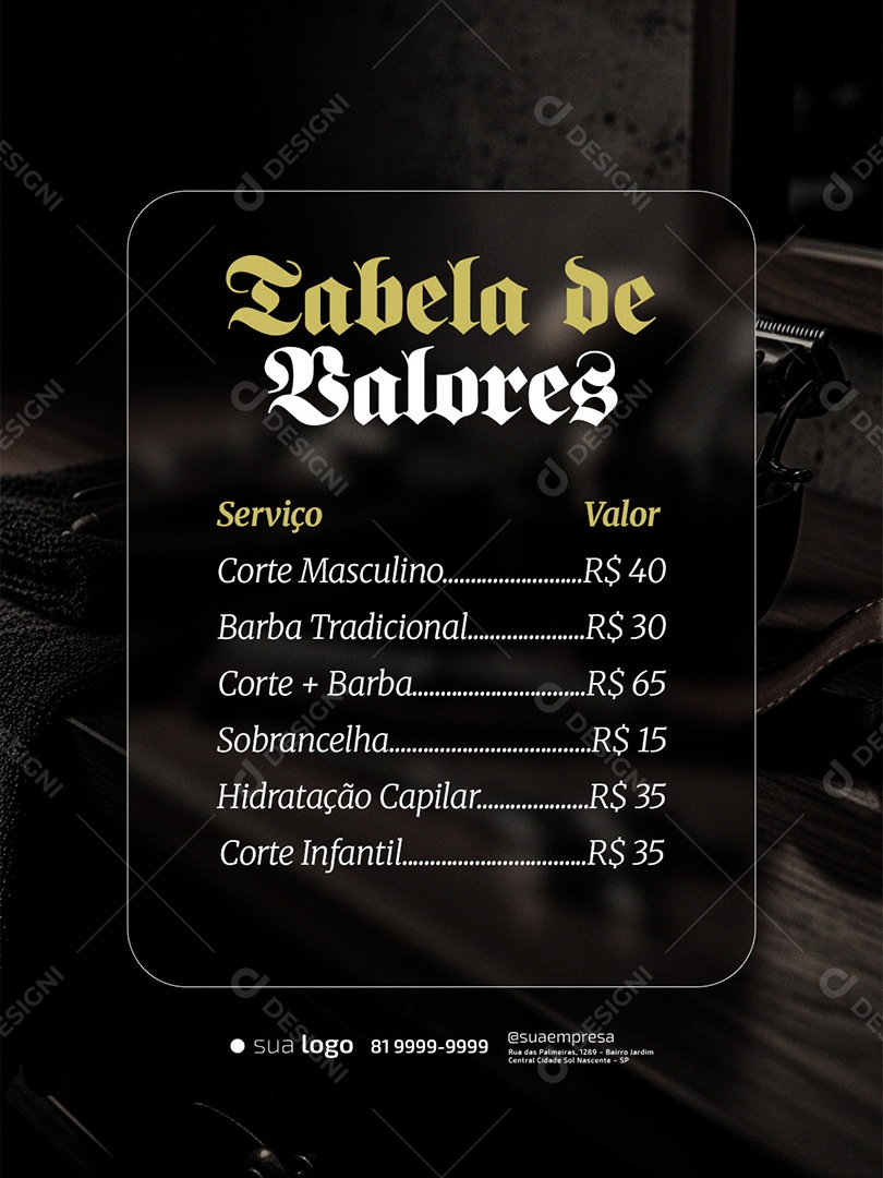 Barbearia Tabela de Valores Social Media PSD Editável