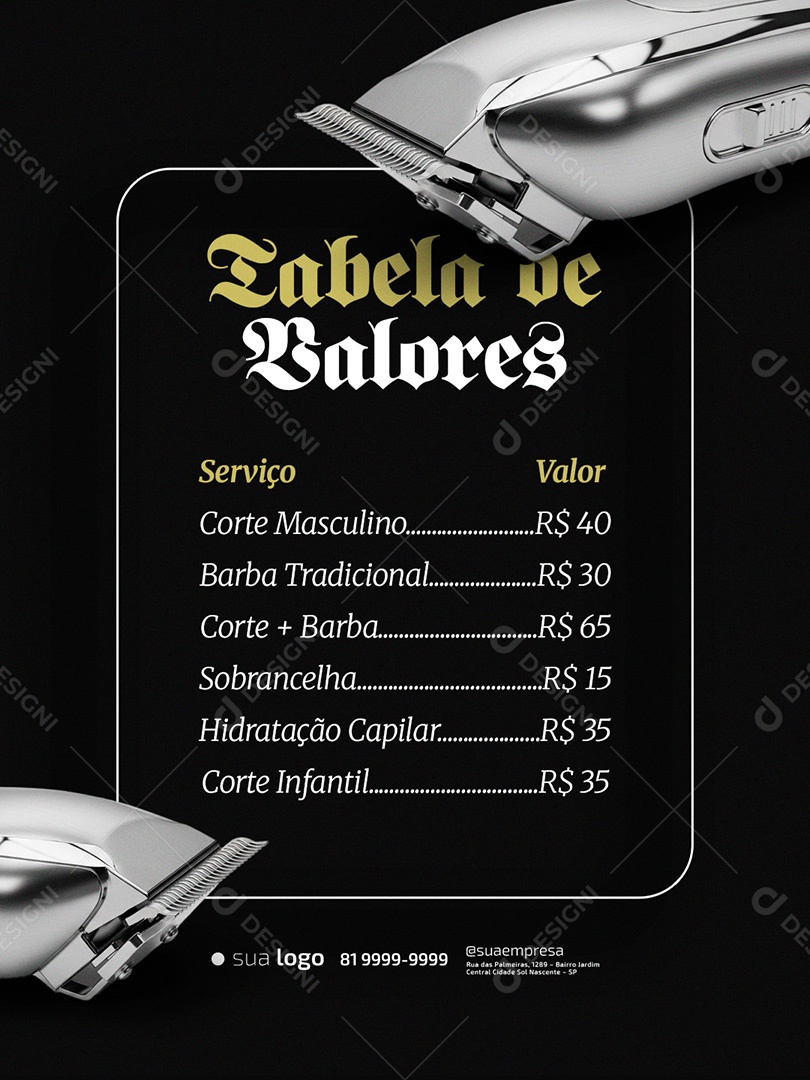Barbearia Tabela de Valores Serviço Social Media PSD Editável