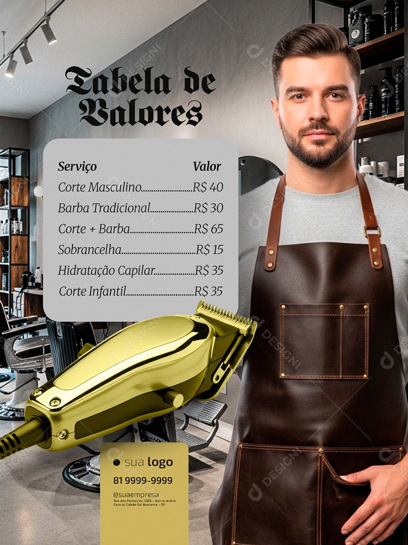 Barbearia Tabela de Valores Serviço Social Media PSD Editável
