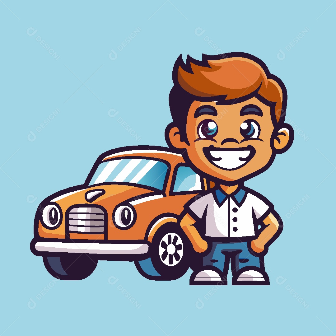 Garoto com Carro Mascote Ilustração Vetor EPS